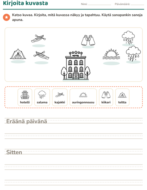 Esikatselu: Kuvasta kirjoittaminen-tehtäväarkki, aiheena Matkailu ja Loma MV, 2. luokka