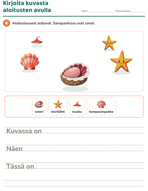 Esikatselu: Kuvasta kirjoittaminen-tehtäväarkki, aiheena Merielämä, 2. luokka