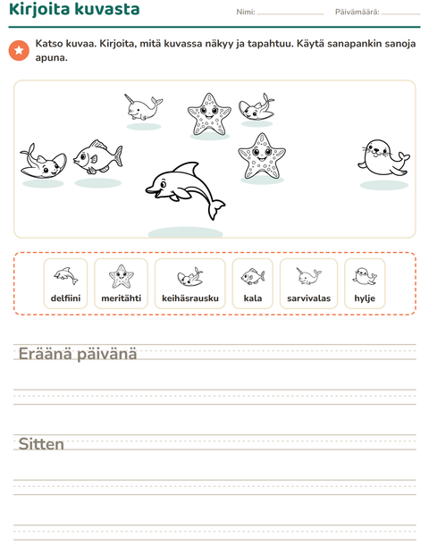 Esikatselu: Kuvasta kirjoittaminen-tehtäväarkki, aiheena Merielämä MV 2, 2. luokka
