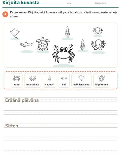Esikatselu: Kuvasta kirjoittaminen-tehtäväarkki, aiheena Merielämä MV, 2. luokka