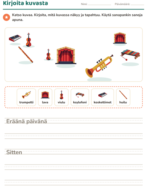 Esikatselu: Kuvasta kirjoittaminen-tehtäväarkki, aiheena Musiikki, 2. luokka