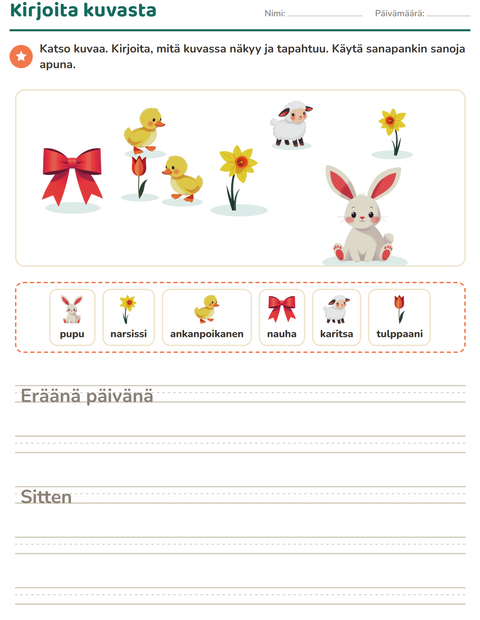Esikatselu: Kuvasta kirjoittaminen-tehtäväarkki, aiheena Pääsiäinen, 2. luokka