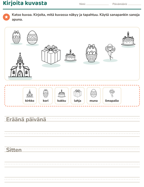 Esikatselu: Kuvasta kirjoittaminen-tehtäväarkki, aiheena Pääsiäinen MV 2, 2. luokka