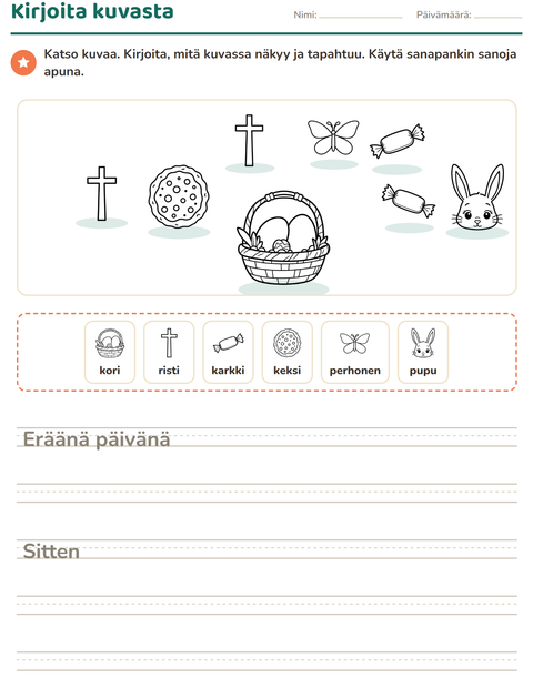 Esikatselu: Kuvasta kirjoittaminen-tehtäväarkki, aiheena Pääsiäinen MV, 2. luokka