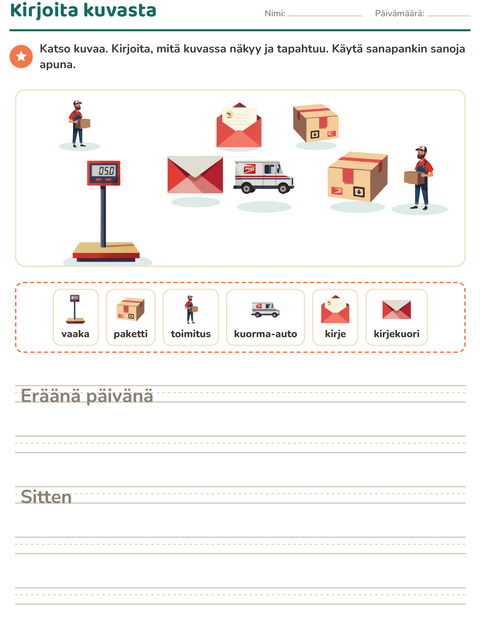 Esikatselu: Kuvasta kirjoittaminen-tehtäväarkki, aiheena Postitoimisto, 2. luokka