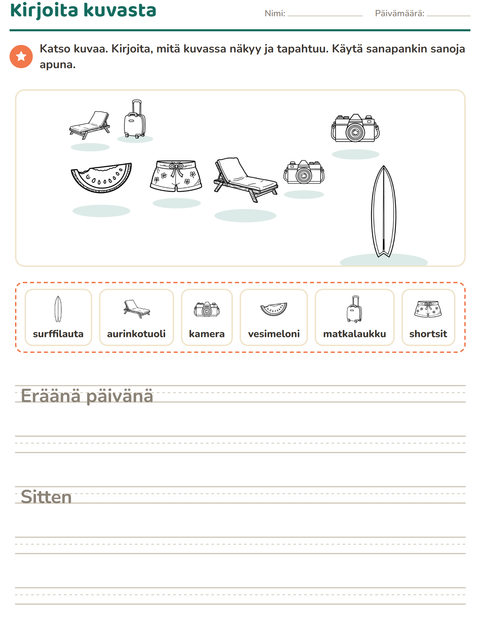 Esikatselu: Kuvasta kirjoittaminen-tehtäväarkki, aiheena Ranta MV 2, 2. luokka