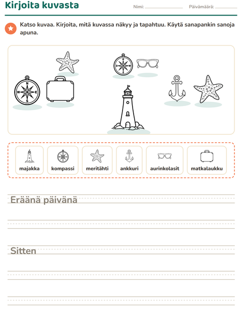 Esikatselu: Kuvasta kirjoittaminen-tehtäväarkki, aiheena Ranta MV, 2. luokka