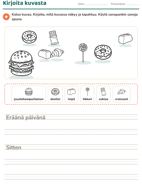Esikatselu: Kuvasta kirjoittaminen-tehtäväarkki, aiheena Ruoka MV, 2. luokka