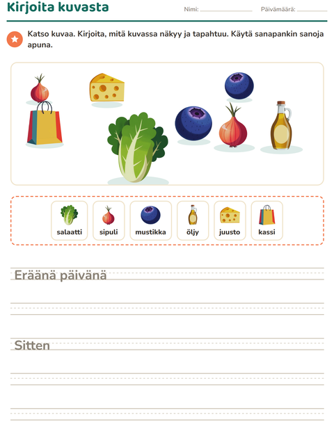 Esikatselu: Kuvasta kirjoittaminen-tehtäväarkki, aiheena Ruokakaupassa, 2. luokka