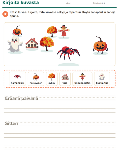 Esikatselu: Kuvasta kirjoittaminen-tehtäväarkki, aiheena Sekalaista, 2. luokka