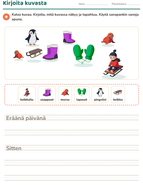 Esikatselu: Kuvasta kirjoittaminen-tehtäväarkki, aiheena Talvi, 2. luokka