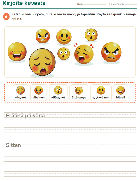 Esikatselu: Kuvasta kirjoittaminen-tehtäväarkki, aiheena Tunteet, 2. luokka