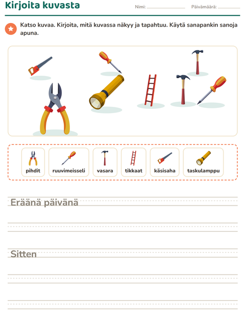 Esikatselu: Kuvasta kirjoittaminen-tehtäväarkki, aiheena Työkalut, 2. luokka