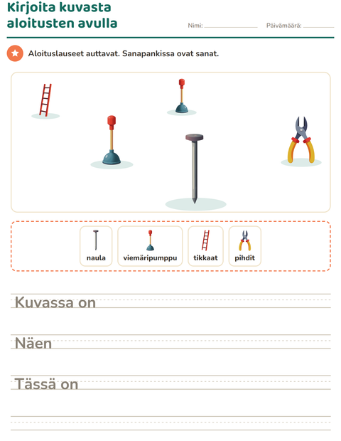 Esikatselu: Kuvasta kirjoittaminen-tehtäväarkki, aiheena Työkalut, 2. luokka