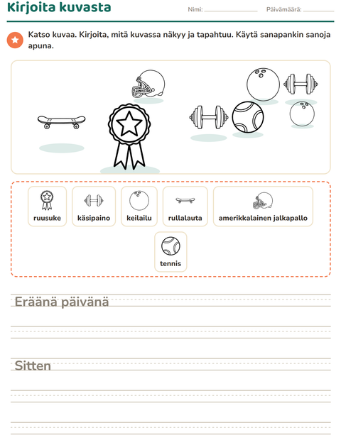 Esikatselu: Kuvasta kirjoittaminen-tehtäväarkki, aiheena Urheilu MV, 2. luokka