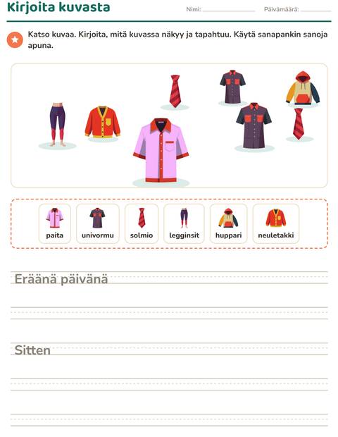 Esikatselu: Kuvasta kirjoittaminen-tehtäväarkki, aiheena Vaatteet, 2. luokka