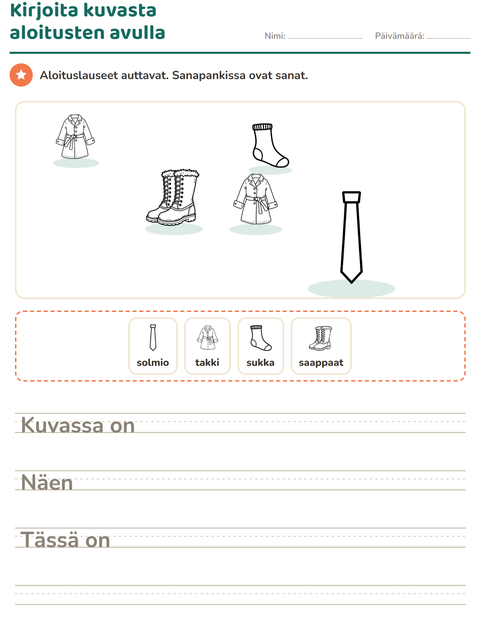 Esikatselu: Kuvasta kirjoittaminen-tehtäväarkki, aiheena Vaatteet MV, 2. luokka