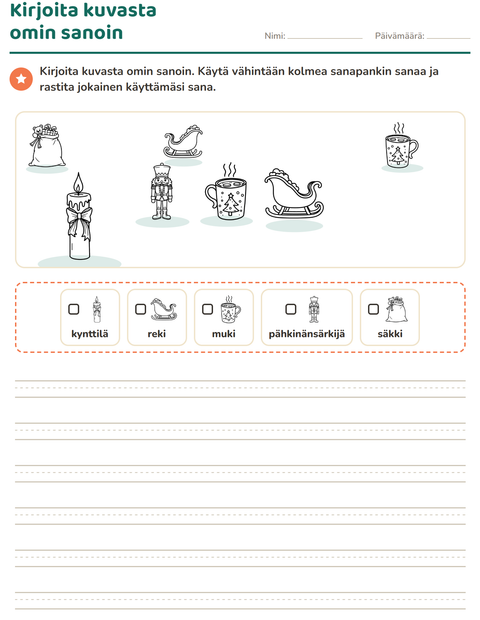 Esikatselu: Kuvasta kirjoittaminen-tehtäväarkki, aiheena Joulu M/V 2, 2. luokka