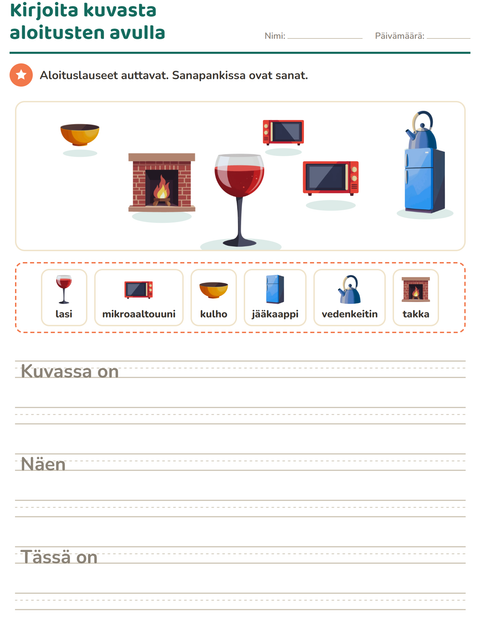 Esikatselu: Kuvasta kirjoittaminen-tehtäväarkki, aiheena Kodin ympärillä, 2. luokka