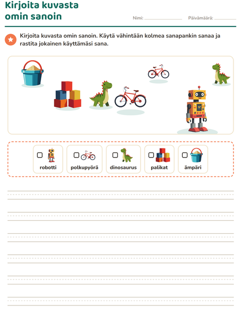 Esikatselu: Kuvasta kirjoittaminen-tehtäväarkki, aiheena Lelut, 2. luokka