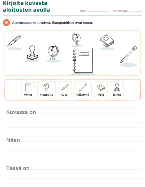 Esikatselu: Kuvasta kirjoittaminen-tehtäväarkki, aiheena Luokkahuone (M/V), 2. luokka