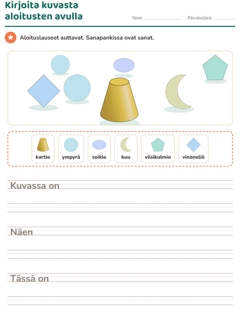 Esikatselu: Kuvasta kirjoittaminen-tehtäväarkki, aiheena Muodot, 2. luokka