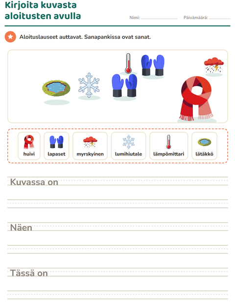 Esikatselu: Kuvasta kirjoittaminen-tehtäväarkki, aiheena Sää, 2. luokka