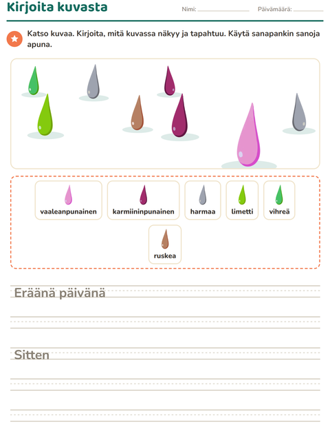 Esikatselu: Kuvasta kirjoittaminen-tehtäväarkki, aiheena Värit, 2. luokka