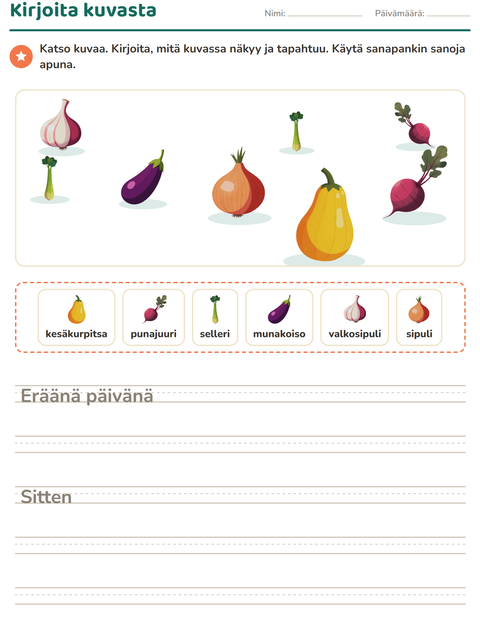Esikatselu: Kuvasta kirjoittaminen-tehtäväarkki, aiheena Vihannekset, 2. luokka