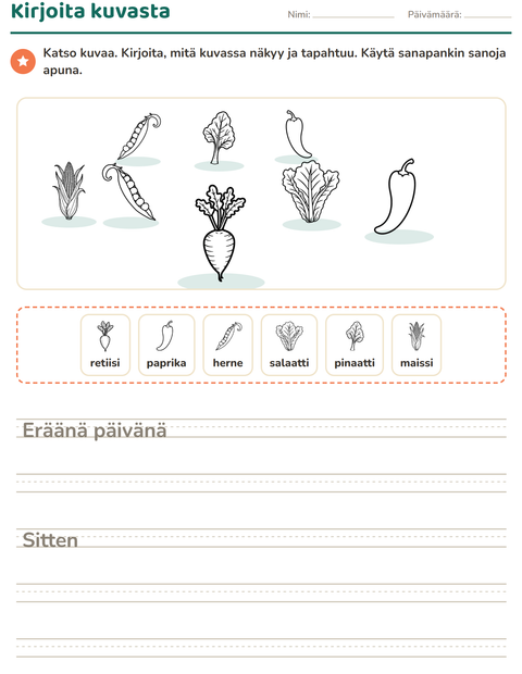 Esikatselu: Kuvasta kirjoittaminen-tehtäväarkki, aiheena Vihannekset MV 2, 2. luokka