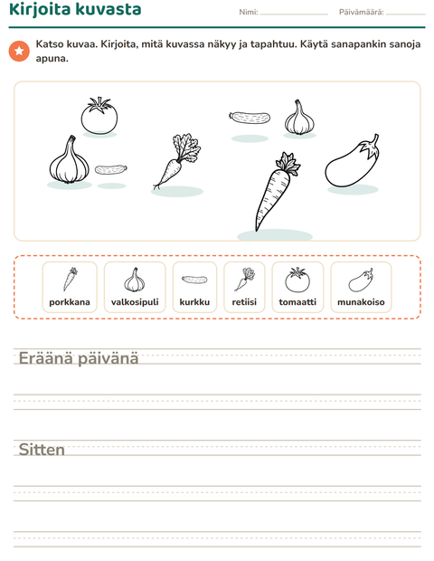 Esikatselu: Kuvasta kirjoittaminen-tehtäväarkki, aiheena Vihannekset MV, 2. luokka