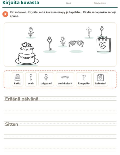 Esikatselu: Kuvasta kirjoittaminen-tehtäväarkki, aiheena Ystävänpäivä MV 2, 2. luokka