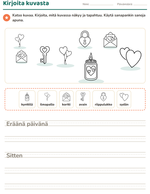 Esikatselu: Kuvasta kirjoittaminen-tehtäväarkki, aiheena Ystävänpäivä MV, 2. luokka