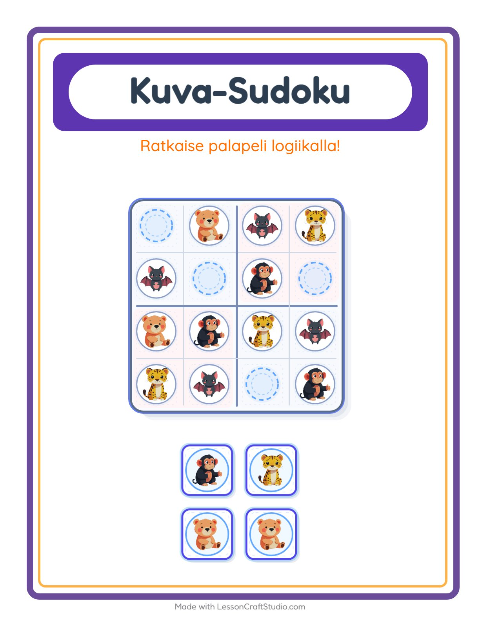 Kuvasudoku (helppo) – Eläintarhan eläimet