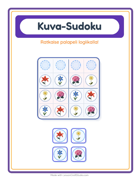 Esikatselu: Kuvasudoku-tehtäväarkki, aiheena Kukat, Esiopetus