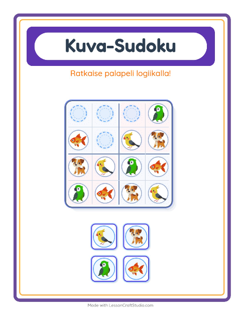 Esikatselu: Kuvasudoku-tehtäväarkki, aiheena Lemmikit, Esiopetus