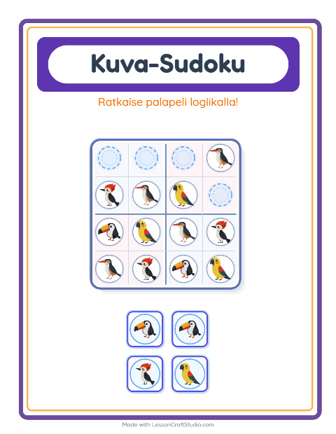 Esikatselu: Kuvasudoku-tehtäväarkki, aiheena Linnut 2, Esiopetus