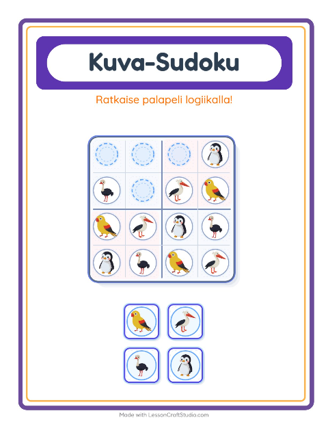Esikatselu: Kuvasudoku-tehtäväarkki, aiheena Linnut, Esiopetus