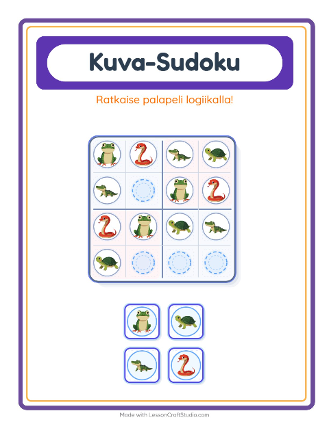 Kuvasudoku (helppo) – Matelijat ja sammakkoeläimet