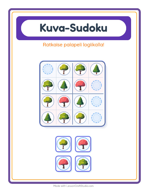 Esikatselu: Kuvasudoku-tehtäväarkki, aiheena Puut, Esiopetus