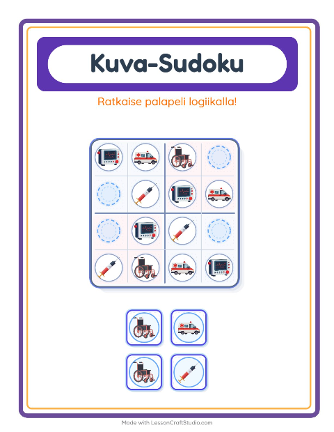 Esikatselu: Kuvasudoku-tehtäväarkki, aiheena Sairaala, Esiopetus