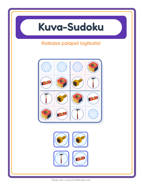 Esikatselu: Kuvasudoku-tehtäväarkki, aiheena Työkalut, Esiopetus