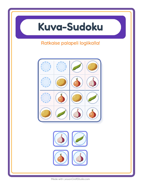 Esikatselu: Kuvasudoku-tehtäväarkki, aiheena Vihannekset, Esiopetus