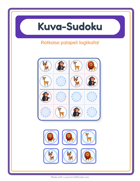 Esikatselu: Kuvasudoku-tehtäväarkki, aiheena Eläintarhan eläimet, Esiopetus