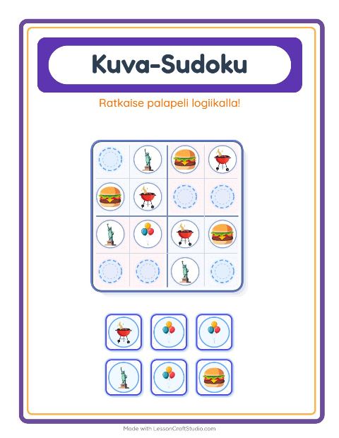 Esikatselu: Kuvasudoku-tehtäväarkki, aiheena Heinäkuun 4., Esiopetus