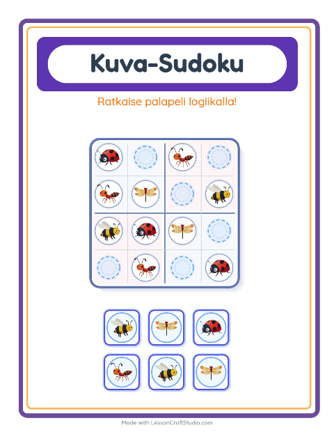 Esikatselu: Kuvasudoku-tehtäväarkki, aiheena Hyönteiset ja ötökät, Esiopetus