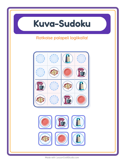 Esikatselu: Kuvasudoku-tehtäväarkki, aiheena Keittiövälineet, Esiopetus