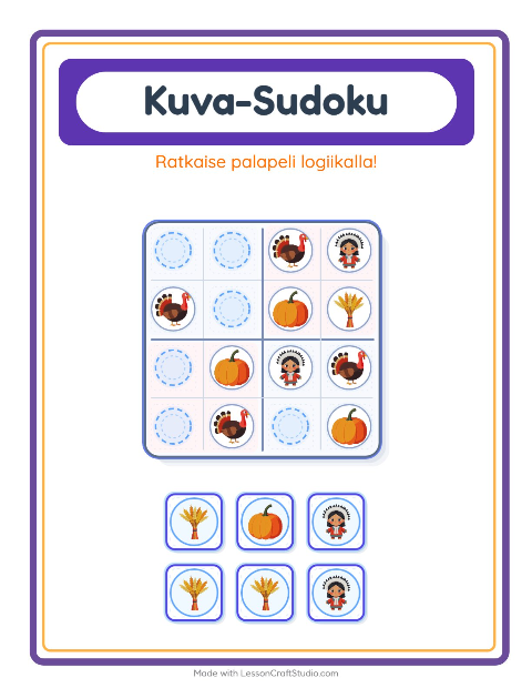 Esikatselu: Kuvasudoku-tehtäväarkki, aiheena Kiitospäivä, Esiopetus