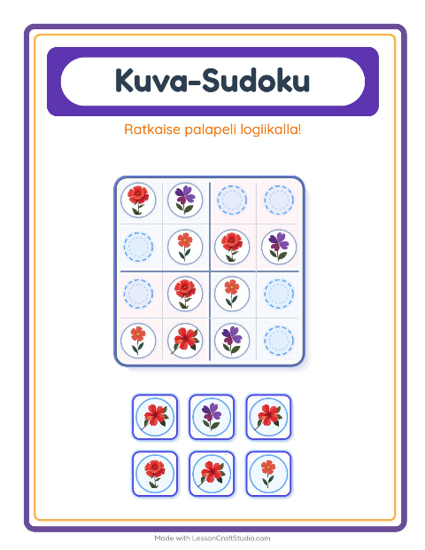 Esikatselu: Kuvasudoku-tehtäväarkki, aiheena Kukat, Esiopetus