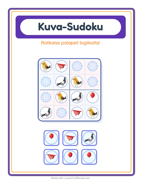 Esikatselu: Kuvasudoku (keskivaikea): Lentävät asiat – esikouluikäisille